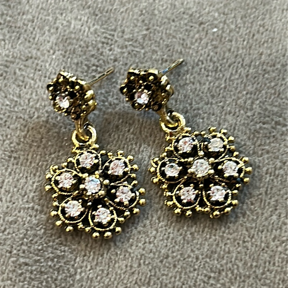 Dainty Antiqued Gold And Crystal Earrings-Boutique